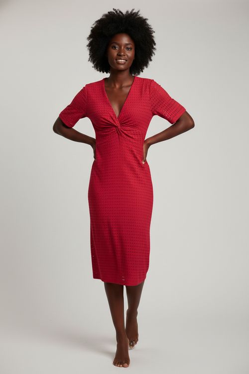 Vestido Midi Feminino Vermelho Laise Detalhe Torcido Decote