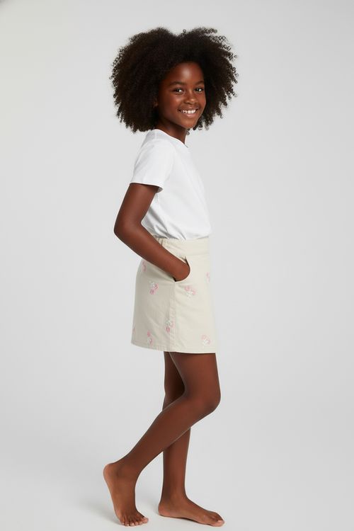 Shorts Saia Infantil Menina Bege Claro Bordado Floral