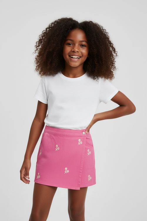 Saia Shorts Infantil Menina Rosa Bordado Floral