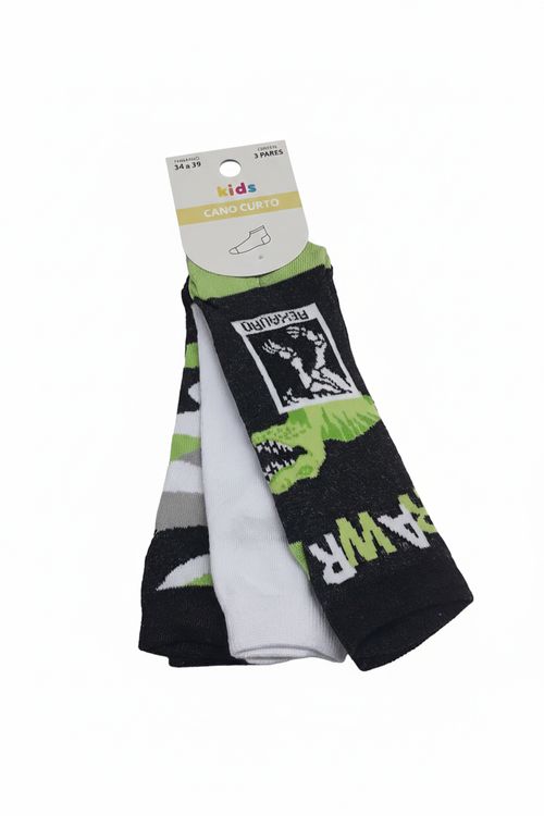 Kit 3 Pares Meias Infantil Cano Curto Dinossauro RAWR