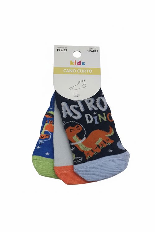 Meias Infantis Cano Curto Astro Dino Kit 3 Pares