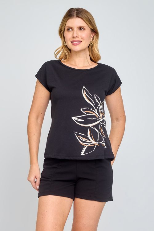 Blusa Feminina Caedu Preta Casual Viscose Manga Curta