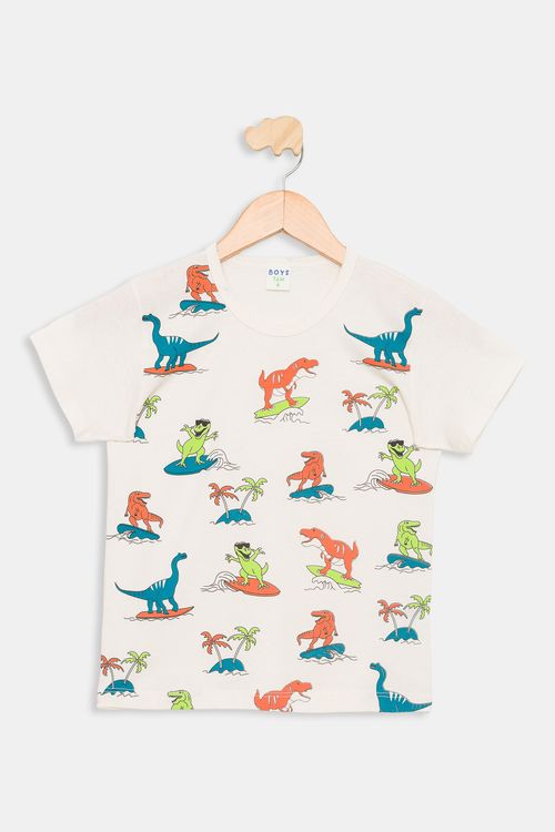 Camiseta Infantil Menino Off White Dinossauros Surfistas