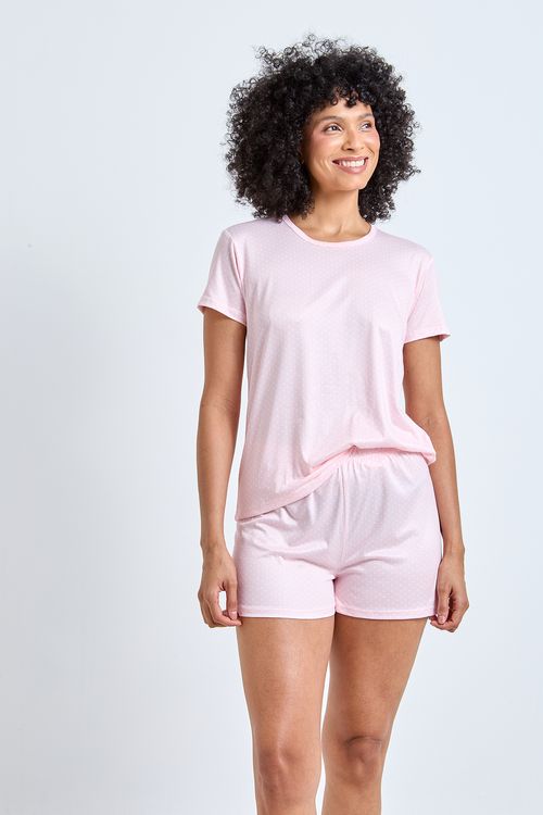 Pijama Feminino Blusa Manga Curta Short Rosa Poá