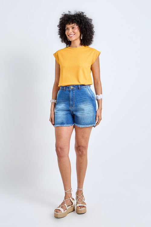 Shorts Jeans Feminino Azul Médio Estonado Barra Desfiada