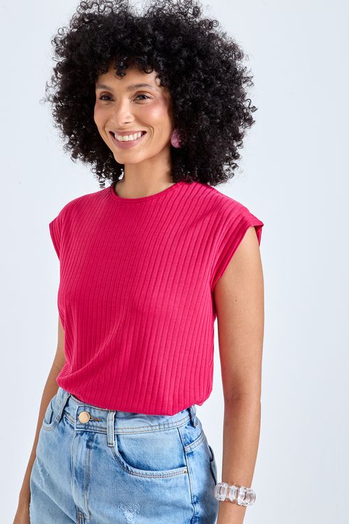 Blusa Feminina Canelada Pink Fúcsia Manga Curta