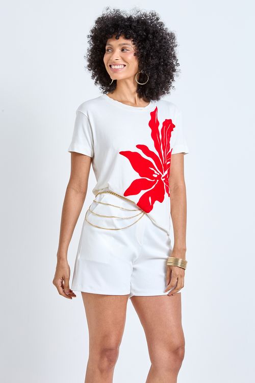 Blusa Feminina Off White Floral Vermelha Vibrante
