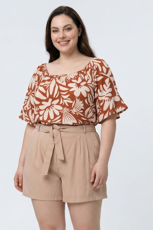 Blusa Ciganinha Feminina Terracota e Bege Floral