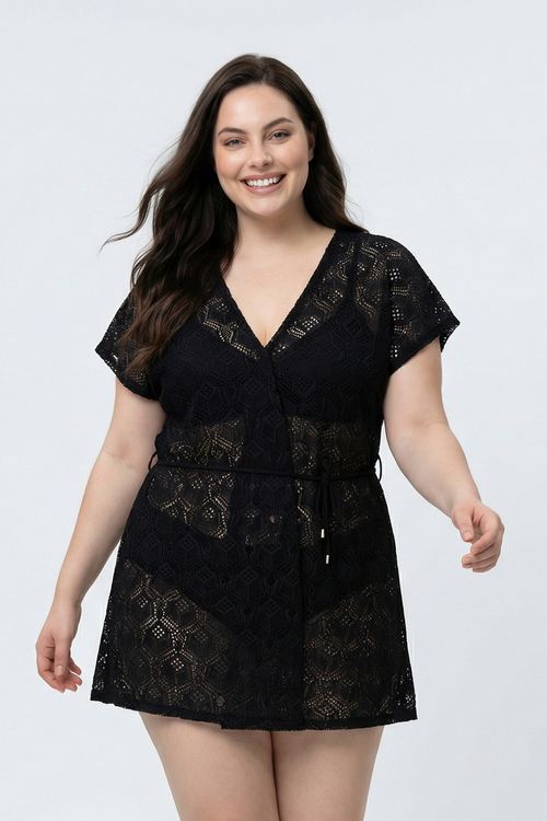 Saída de Praia Kimono Feminina Preta Renda Vazada