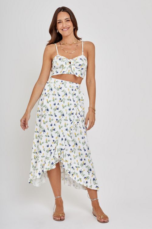 Saia Midi Feminina Estampa Limão Siciliano Mirtilos