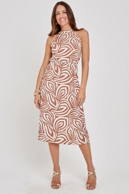 Vestido Midi Feminino Terracota e Off-white Estampa Orgânica