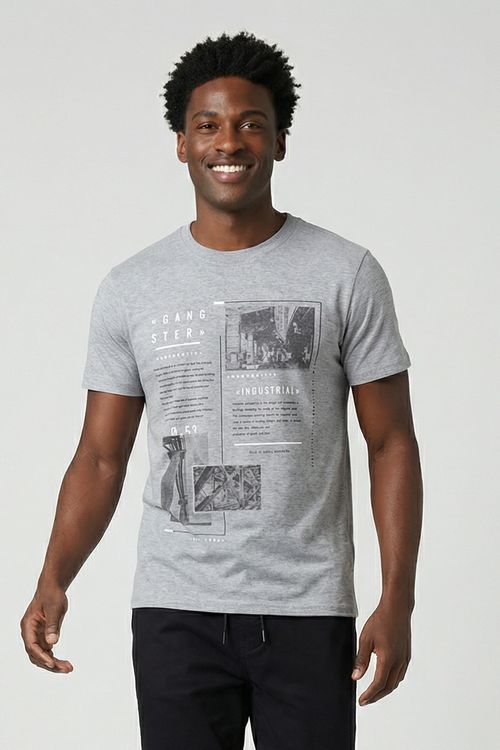 Camiseta Masculina Cinza Adulto Estampa Gangster Industrial