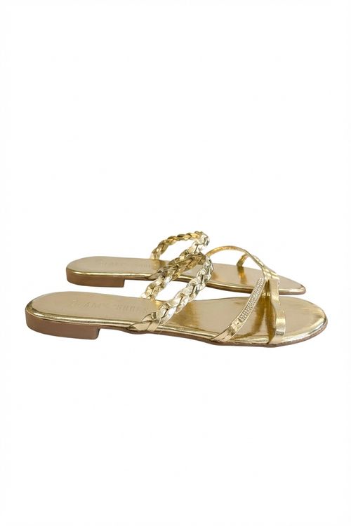 Rasteira Feminina Dourada Tiras Trançadas Strass