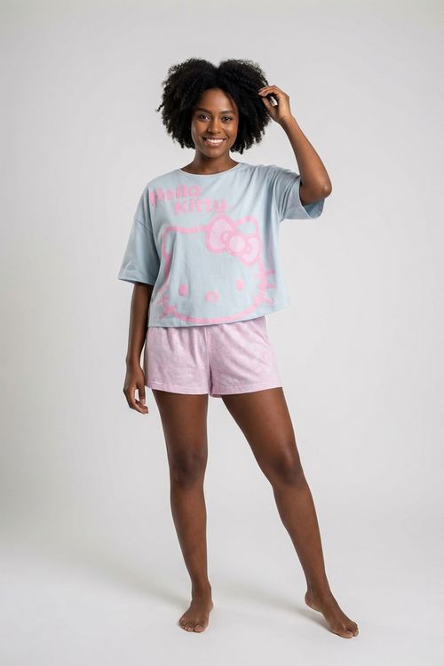 Pijama Curto Feminino Azul Claro e Rosa Hello Kitty