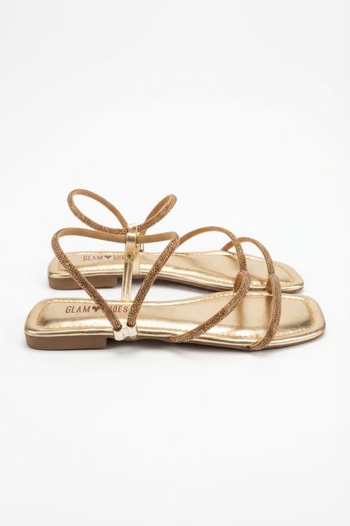 Rasteira Feminina Dourada Tiras de Brilho e Amarração