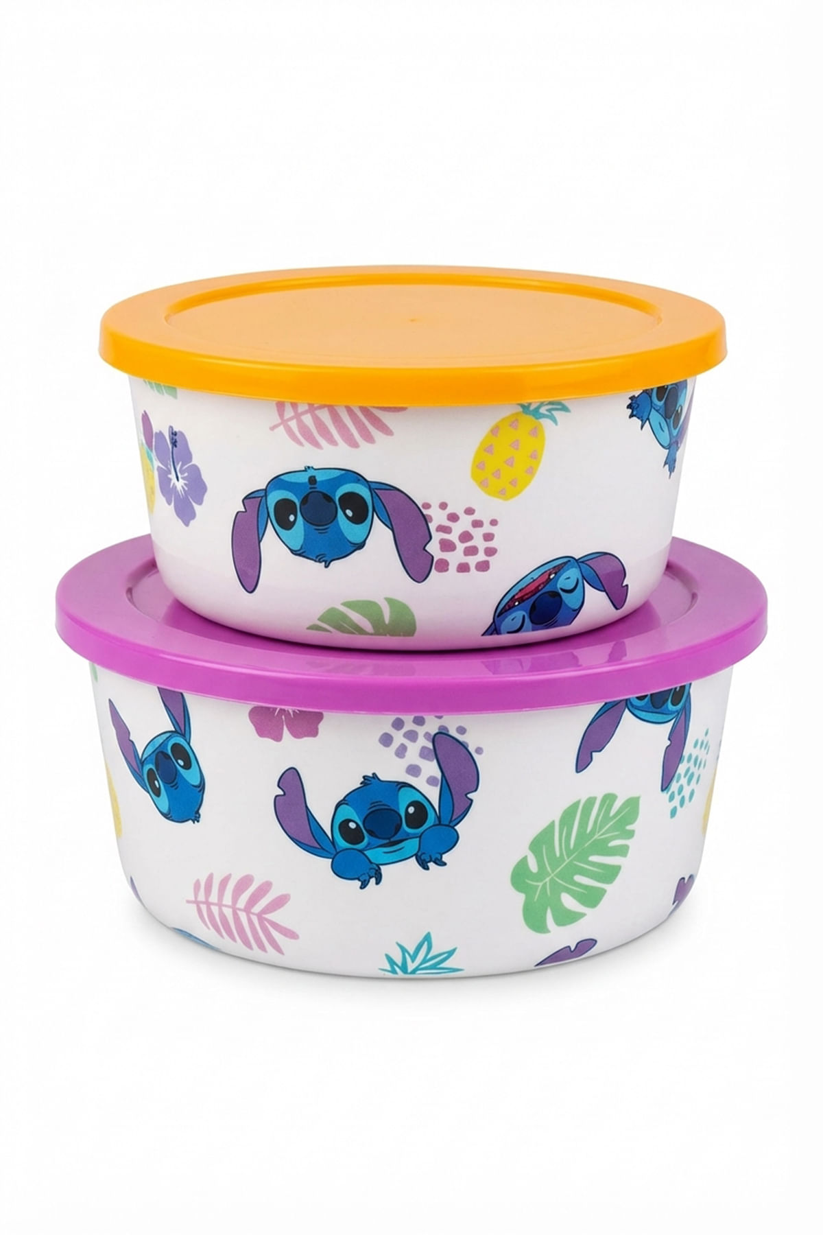 Kit 2 Potes Decorados Infantil Tampas Coloridas Stitch Tropical - imagem 1