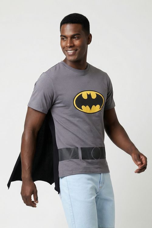 Camiseta Masculina Cinza Escuro Batman Capa e Cinto Estampado