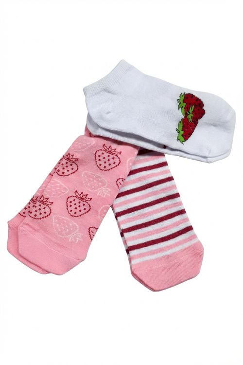 Kit 3 Meias Sapatilha Feminina Branco/Rosa Morango e Listras