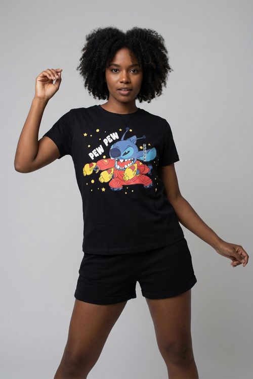 Blusa Feminina Preta Estampa Stitch Pew Pew