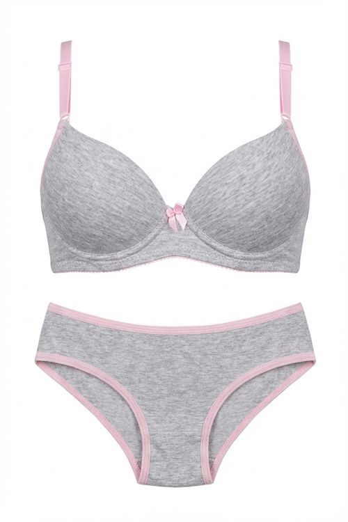 Conjunto Lingerie Feminino Cinza Mescla com Rosa