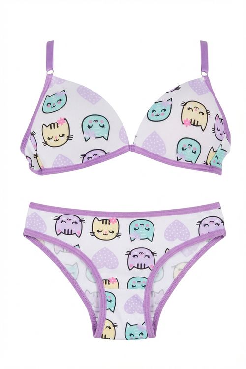 Conjunto Sutiã e Calcinha Infantil Menina Lilás Gatinhos