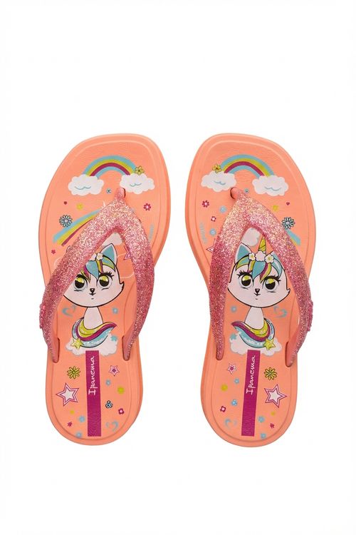 Chinelo Infantil Menina Laranja Glitter Gatinha Unicórnio