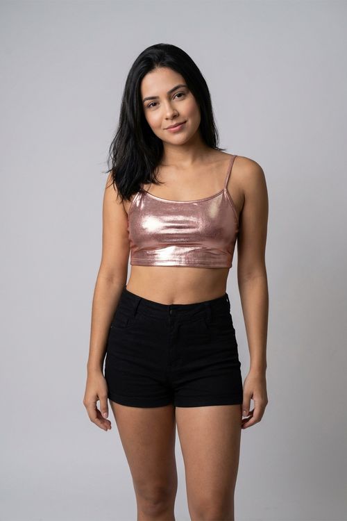 Blusa Cropped de Alças Finas Feminina Rosê Metálica