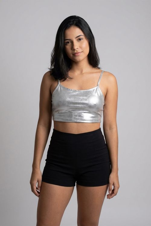 Top Cropped Feminino Prata Metálico com Alças Finas