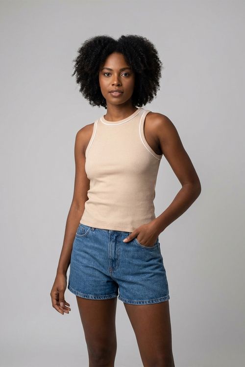 Regata Feminina Bege com Friso Branco