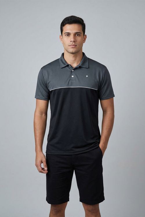 Polo Masculina Chumbo e Preto Color Block Faixa Branca