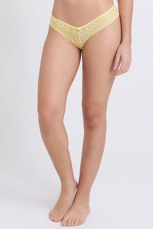 Calcinha Fio Dental Feminina Amarela Renda Floral Laço