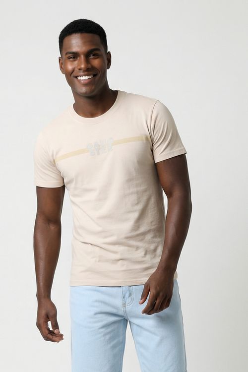 Camiseta Masculina Bege Estampa Gangster Faixa Horizontal