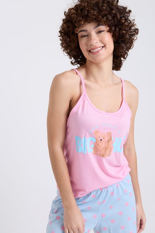 Pijama Feminino Regata Rosa Ursinho e Short Azul Bolinhas