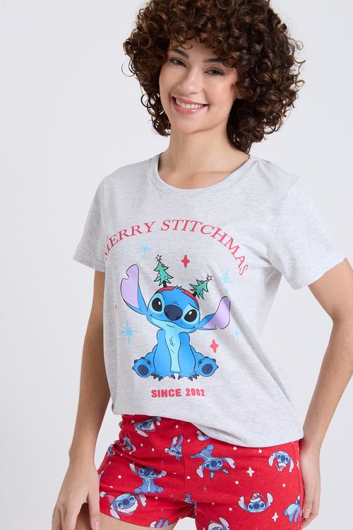 Pijama Feminino Curto Cinza Mescla Shorts Vermelho Stitch