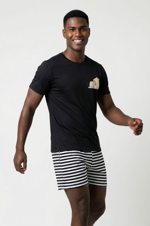 Pijama Conjunto Masculino Preto e Listrado Estampa Capivara