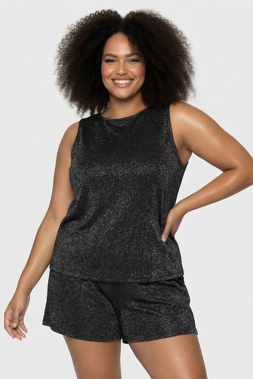 Regata Lurex Feminina Preto Prata Cintilante