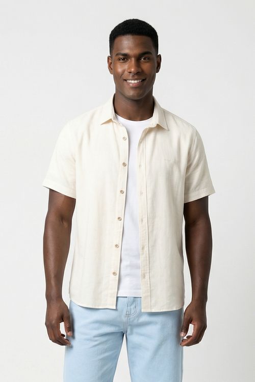 Camisa Manga Curta Masculina Bege Areia