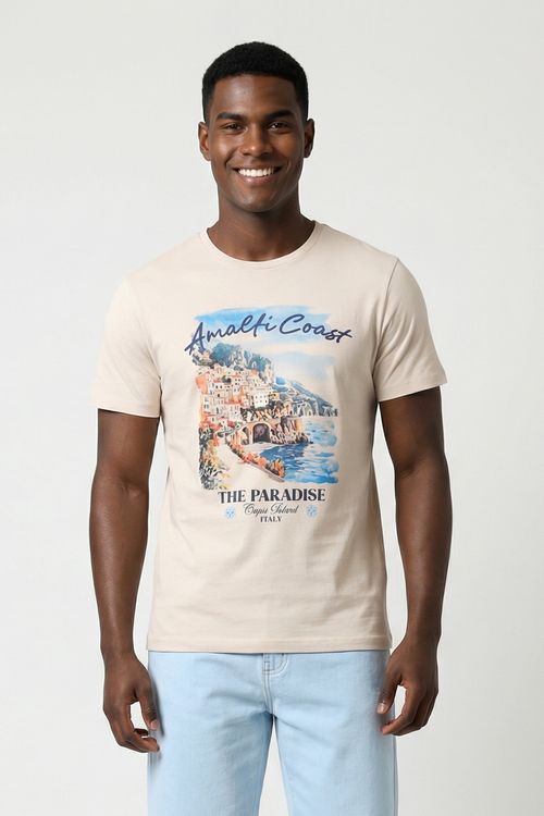 Camiseta Masculina Bege Estampa Amalfi Coast Paradise