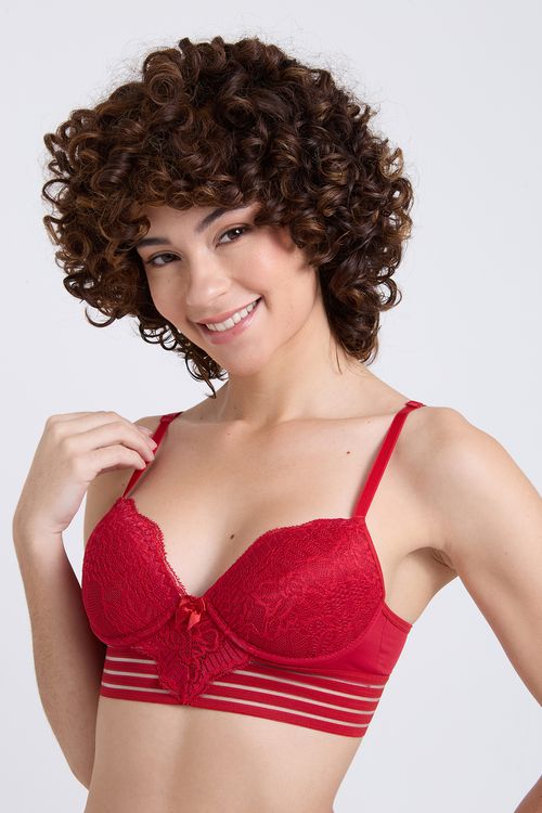 Sutiã Feminino Vermelho Renda Floral e Faixa Listrada