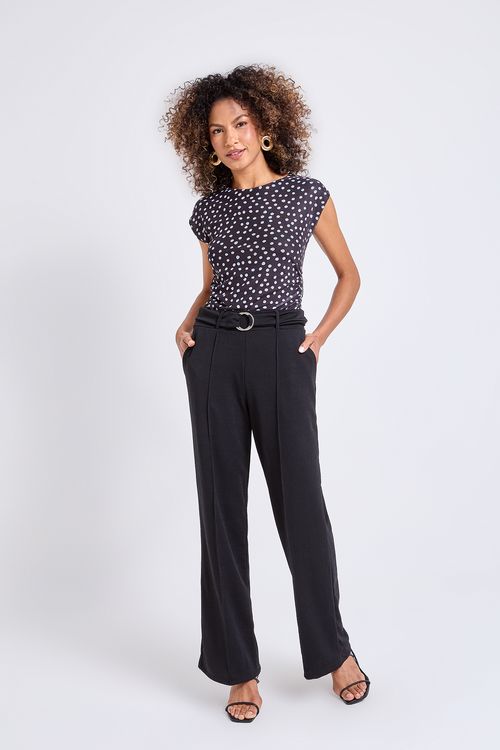 Calça Feminina de Linho Preta com Cinto de Argola