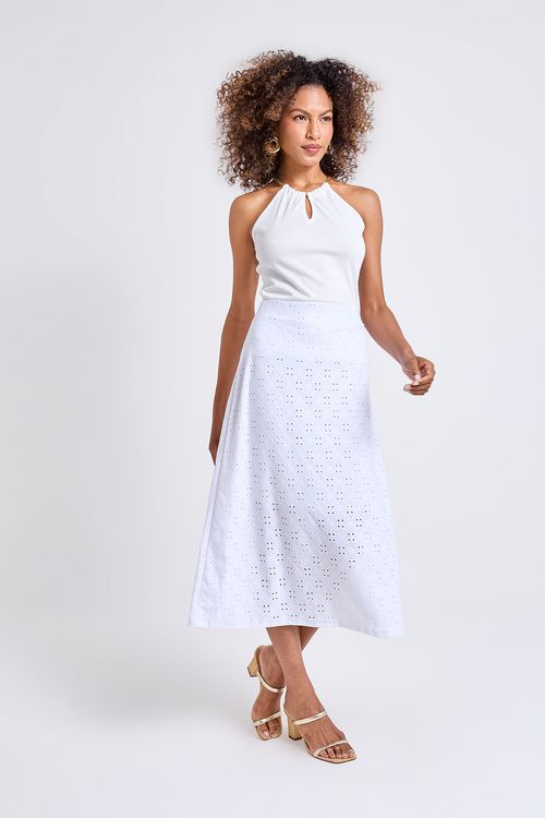 Saia Midi Feminina Off White Ilhós Vazados