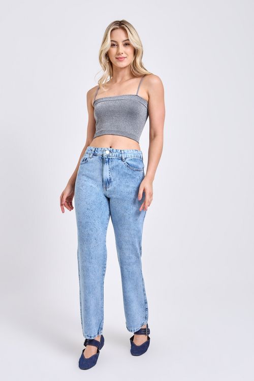 Calça Jeans Reta Feminina Azul Médio Pontos de Brilho