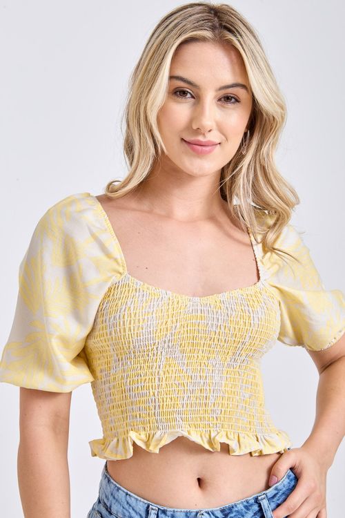 Blusa Cropped Feminina Amarela Estampa Folhagem