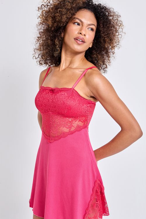 Camisola Feminina Fúcsia Renda Floral Canelada