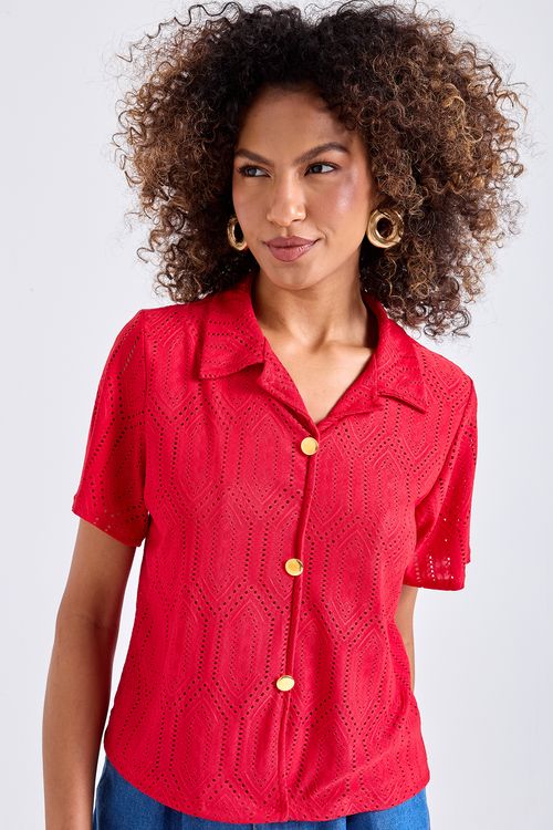 Camisa Feminina Vermelha Laise Botões Dourados