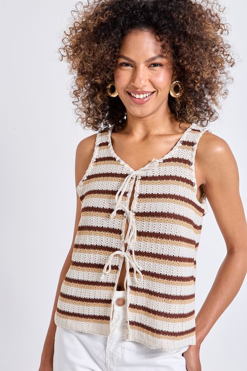 Regata Feminina Multicor Adulto Listrada Crochê Amarração Frontal