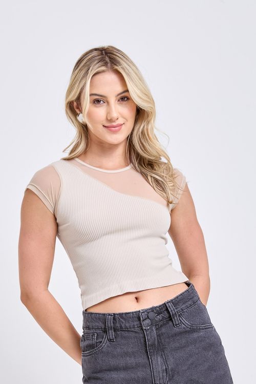 Top Cropped Feminino Bege Canelado Tule Diagonal