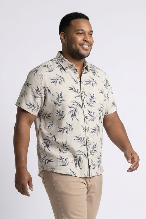 Camisa Masculina Bege Estampa Folhagens