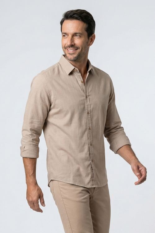 Camisa Masculina Casual Manga Longa Linho Bege Areia