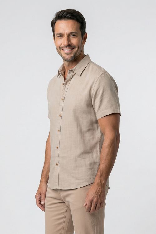 Camisa Masculina Manga Curta Linho Blend Bege Adulto